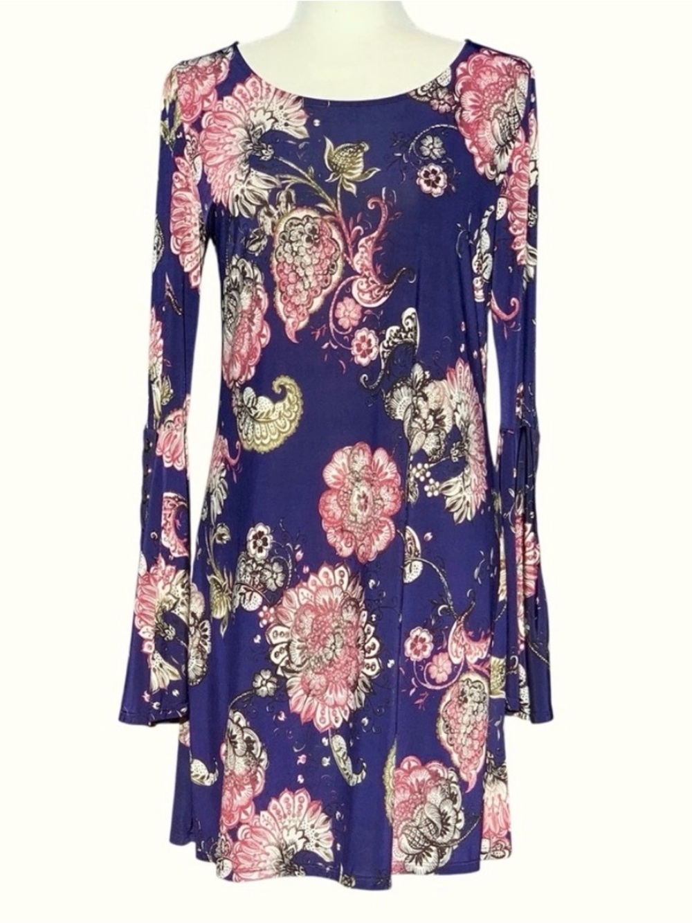 Ariella Indigo Blue & Pink Floral A-Line Bell Sleeve Mini Swing Dress, Large